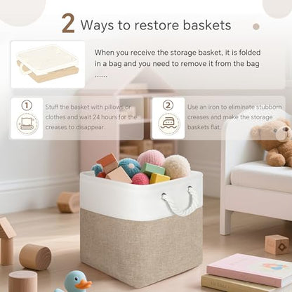 FinishingBo 11 inch Cube Storage Bin with Handles 6 Pack - color: White/Khaki-6 Pack