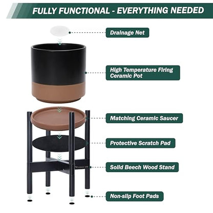 D'vine Dev Ceramic Pot with Ebony Wood Stand, Black/Tan, 8 in, 55-B-M-7 - color: Black/Speckled Tan Pot + Ebony Stand, size: 8 Inch