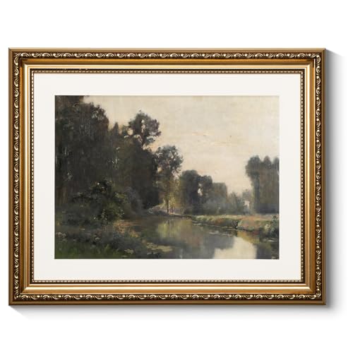 ARPEOTCY Vintage Gold Framed Wall Art Decor, Living Room Bedroom River Scenery Landscape Pictures Wall Art, Farmhouse Retro Decor, Canvas Prints, Antique Picture Frame Vintage Paintings,13x16 Inch - color: Quiet River Landscape, size: 16"L x 13"W