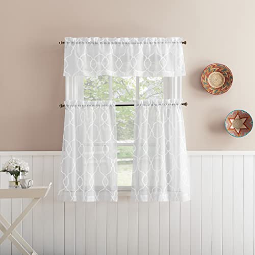 No. 918 Allerton Embroidered Trellis Semi-Sheer Rod Pocket Kitchen Curtain Valance and Tiers Set, White, 52" W x 36" L