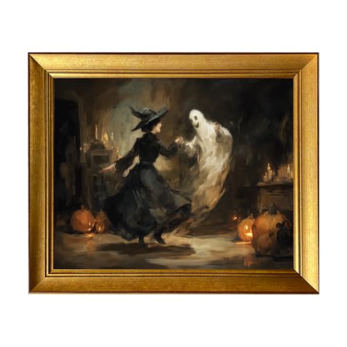 Vintage Halloween Wall Art - Witch & Ghost Dancing Oil Painting, Spooky Gothic Decor with Pumpkin & Candles, Gold Framed Canvas Print, Dark Romantic Poster for Home Decoration, 10x12in Ready to Hang - color: Dancing Witch & Ghost, size: 12"L x 10"W