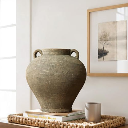 LuxenHome Rustic Large Flower Vase,14'' Tall Brown Terracotta Cauldron Vase - size: Medium