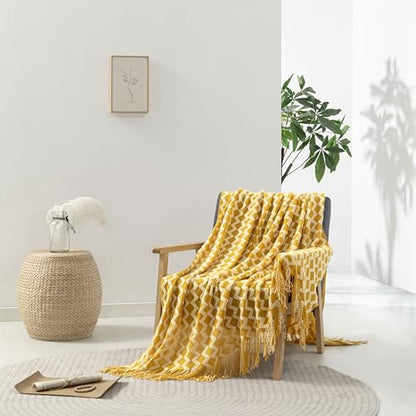 Double Diamond Acrylic Knitted Throw Blanket, Yellow, 50x60 - color: Yellow