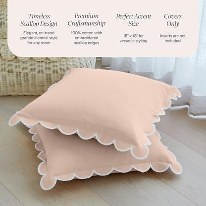 BEBE BASK Scalloped Pillow Cover Set of 2, 18x18, 100% Cotton - Peach Pink - color: Peach Pink/White
