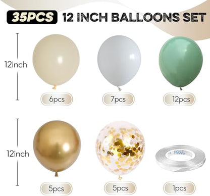 12 Inch Sage Green Gold Balloons for Safari Woodland Baby Shower Birthday - color: Sage Green White