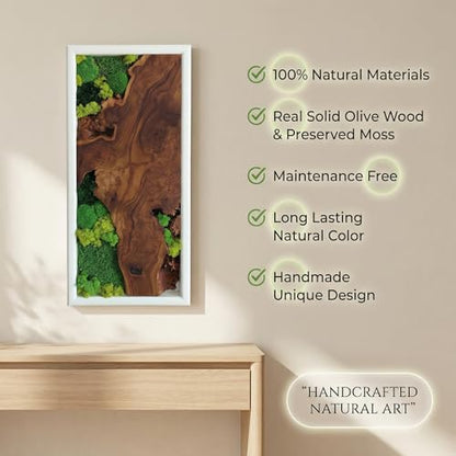 White Framed Moss Wall Art, Vertical Cedar Wood & Preserved Greenery Modern Natural Wall Decor for Living Room, Office & Home, Zero Maintenance Handcrafted Gift 30" x 14" - size: 30"L x 14"W