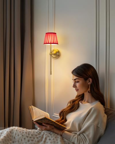 KDG Gold Cordless Wall Sconces Set of 2, Red Fabric LED Wall Lamps - color: Gold + Red Lampshde (2 Pack)