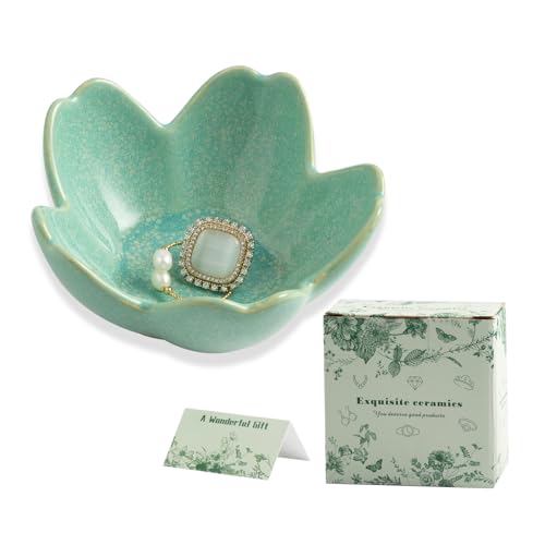 Mecaikru Ceramic Jewelry Tray, 3.5 in Flower Ring Dish with Gift Box & Card - color: dark green