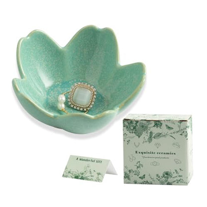 Mecaikru Ceramic Jewelry Tray, 3.5 in Flower Ring Dish with Gift Box & Card - color: dark green