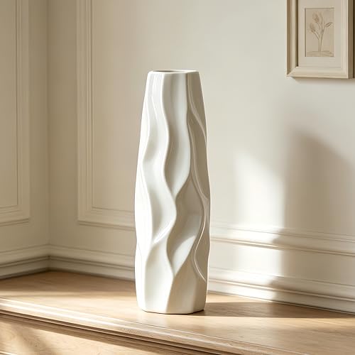 White Ceramic Flower Vase, 12 Inch, Pleated Wave Design