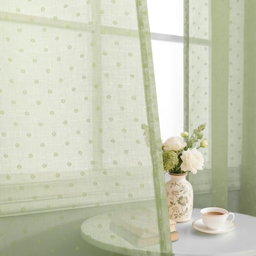 Pitalk Sage Green Sheer Curtains 84 Inch Polka Dots Pattern Voile Drapes - color: Sage Green, size: 52"W x 84"L (Pack of 2)