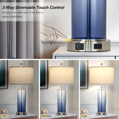 Ruzectt 26" Glass Table Lamp Single, 3-Way Dimmable Touch Control Living Room Lamp with USB C+A Ports & AC Outlet, Coastal Bedside Lamps, Bedroom Lamps for Nightstand Side End Table Desk, Blue-1PK - color: Blue-1PK
