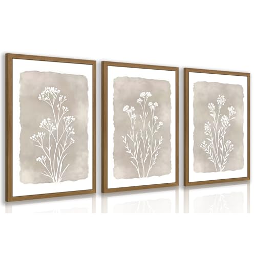 Grajoy Wood Framed Minimalist Neutral Wildflower Wall Art 12x16 In Set of 3 - color: BohemianPlant, size: 16"L x 12"W