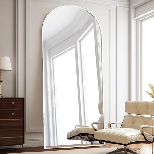 Floor Length Mirror, 76"x34" Arch Full Length Mirror Hanging or Leaning, Body Mirrors with Stand, Arched-Top Wall Mounted Mirrors with Aluminum Frame for Bedroom (White) - color: White, size: 76"L x 34"W