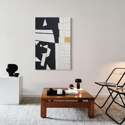 Modern Black & White Abstract 3D Textured Canvas Wall Art with Gold Leaf - color: Black White, size: 24"L x 36"W