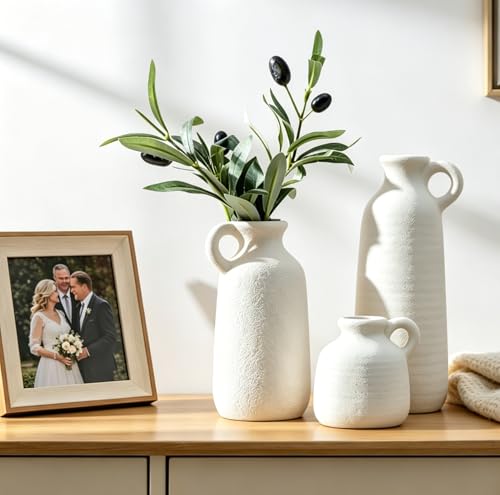 White Ceramic Vase Set of 3 with Handle, Waterproof Vases for Pampas Grass - color: 3pcs- White With Handle