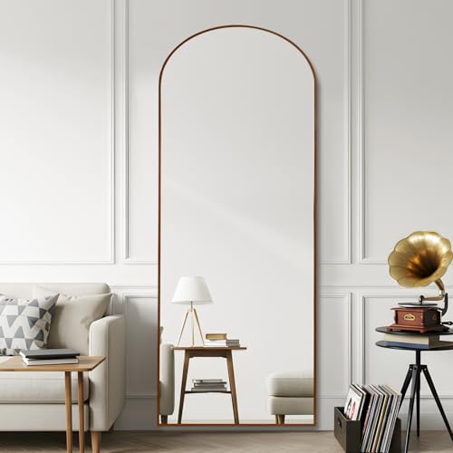 Anpark Arched 34x76 Inch Oversize Full Length Mirrors Aluminium Frame in Retro Reddish Brown Wood Looking Free Standing Floor Mirror Full Body Wall Mounted for Bedroom Living Room and Hallway