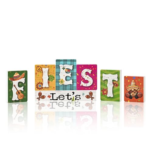 Smile Let's Fiesta Wooden Letter Block Set, 7-Piece Mexican Fiesta Tabletop Decor for Cinco De Mayo Party & Tiered Tray Display - style: Fiesta