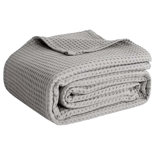 100% Cotton Blankets for Bed - Waffle Weave Blankets for Summer, Lightweight and Breathable Soft Woven Blanket for Spring (Light Grey, King (90" x 108")) - color: Light Grey, size: King (90" x 108")