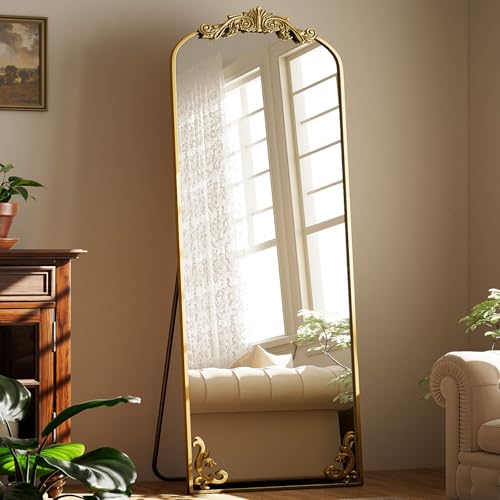 21"x 64" Arched Full Length Mirror, Freestanding Floor Mirror with Carved Metal Frame & Bottom Art Carved, Gold Full Body Mirror for HomeDecor, Halling Wall Mirror with Vintage Ornate Carved Accents - color: Gold, size: 64"L x 21"W