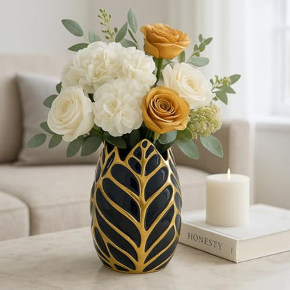 Contemporary Ceramic Flower Pot Vase for Bathroom, 8", Black & Gold