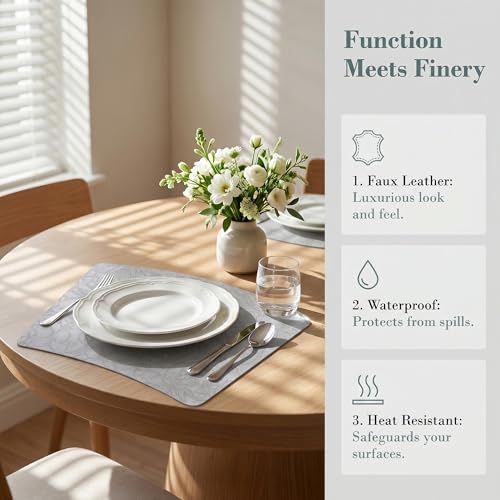 Faux Leather Set of 6, Placemats with Carving Floral Design - color: Gray