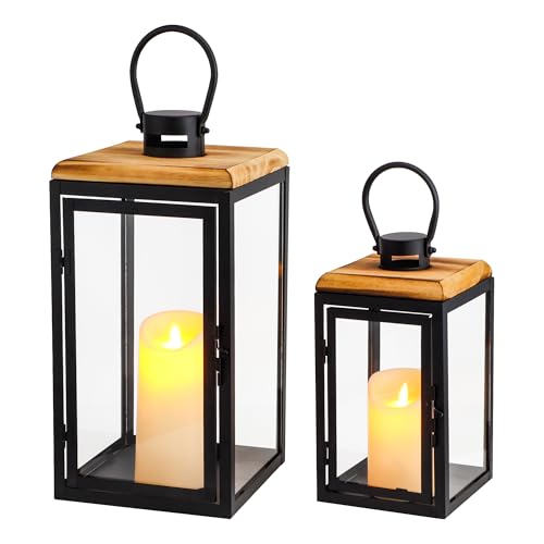 TRIROCKS Set of 2 Decorative Candle Lantern 16'' & 11'' High Metal Candle Holder Hanging Lantern Perfect for Home Decor Patio Living Room Parties Events Tabletop Indoors Outdoors (Black) - color: Black With Brown Top