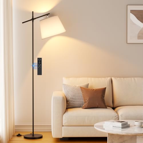 SIBRILLE Floor Lamp with Linen Shade, Dimmable Tall Standing Lamp with Remote Control & 3 Color Temperatures Bulb, Modern Swing Arm Floor Lamps for Living Room Bedroom Office Corner - color: White