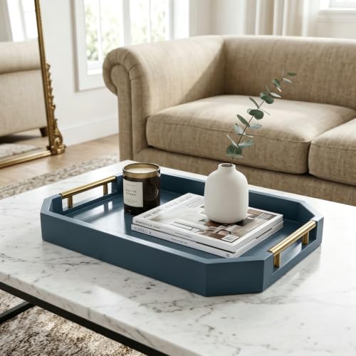 Decorative Wood Serving Tray with Polished Gold Handles, Octagon MDF Tray, Glossy Finish, 16x12 Inch, for Coffee Table, Ottoman (Blue) - color: Blue
