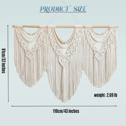 oiikain Large Macrame Wall Hanging, Boho Tapestry Wall Decor, 43 x 32 Inch - color: Beige Wood Beads