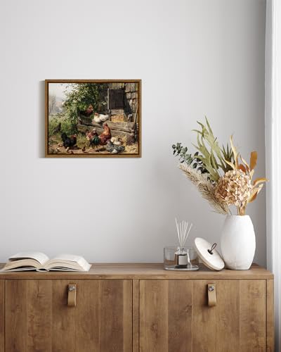 InSimSea Framed Canvas Wall Art - Funny Running Chicken & Chicken Coop - Rustic Farmhouse Painting - Country Wall Prints - Bedroom & Living Room - 8x10in - color: Leisurely Chickens, size: 10"L x 8"W
