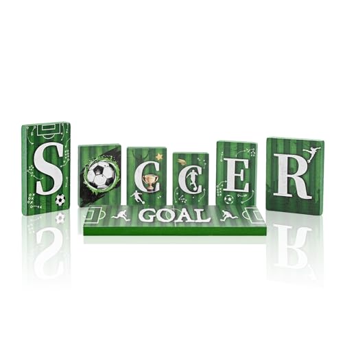 Smile Soccer GOAL Wooden Block Decor Set, 7-Piece Field Vertical Blocks Tiered Tray Tabletop Signs for Game Day & Sports Party Decorations - style: Soccer