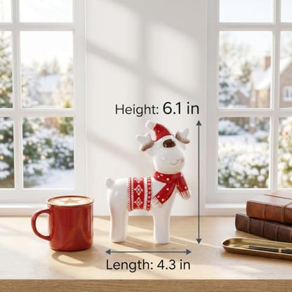 Christmas Decor Reindeer Deer Decor Ceramic Figurine White Glazed Deer Figurine with Santa Hat Scarf Knit Blanket for Tabletop Mantel Shelf Christmas Decorations Indoor