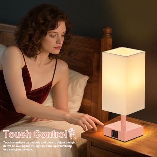 Touch Table Lamp for Bedroom - Dimmable, USB C+A, White Lamphade Pink Base - color: White & Pink