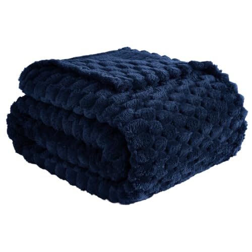 Vessia Flannel Fleece Throw Blanket, 3D Jacquard Navy Blue Fuzzy and Warm Blanket for Couch, Sofa, Bed, 300GSM Super Soft Touch Cozy Home Decor for All Seasons (50x70 inches) - color: Navy, size: 50×70inch
