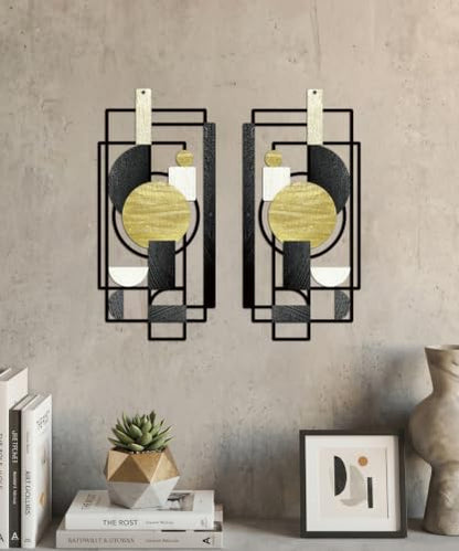 Putuo Decor 2-Piece Black Gold Geometric Metal Wall Art - color: Black&Gold