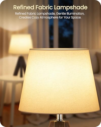 Small Table Lamp for Bedroom, 14.6" Bedside Lamp with White Linen Shade and Walnut Wood Tripod Base, Modern Nightstand Lamp for Living Room, Nursery, Entryway, E26 Socket, VW51TL05 - color: White+Dark Walnut