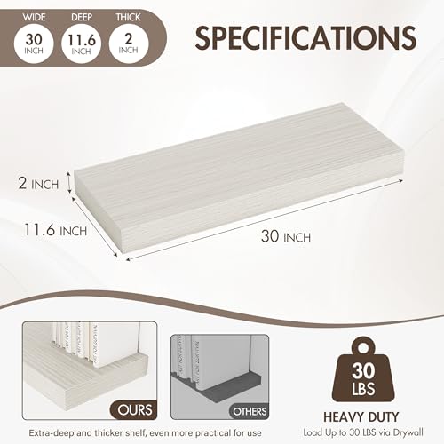 Acovy 30 Inch Floating Shelves, 12" Deep Floating Shelf Wall Mounted, 30" Wall Shelves, Rustic Deep Bookshelf, Extra Deeper & Thicker Display Shelves for Bedroom, Living Room, Gray, Set of 2 - color: Grey, size: 12"Wx30"L-2pcs