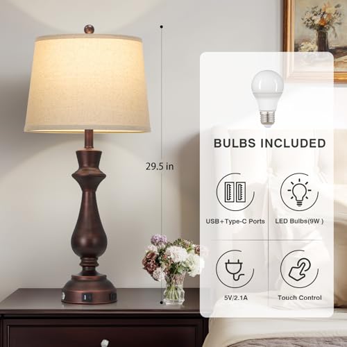 Cinkeda Touch Lamps for Night Stand- 29.5" Tall Bedside Lamp with USB C+A, 3 Way Dimmable Bedroom Lamps, Vintage Brown Table Lamps for Living Room,Single Brown - color: Brown-1P