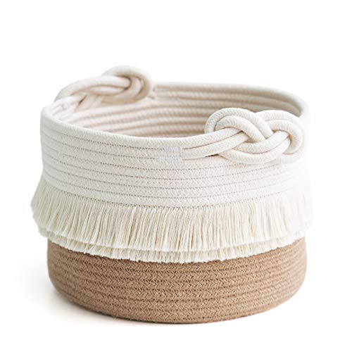CherryNow Small Woven Rope Baby Basket with Tassel, 9.5" x 7", Jute - color: White & Camel, size: 10L (9.5"W x 7"H)