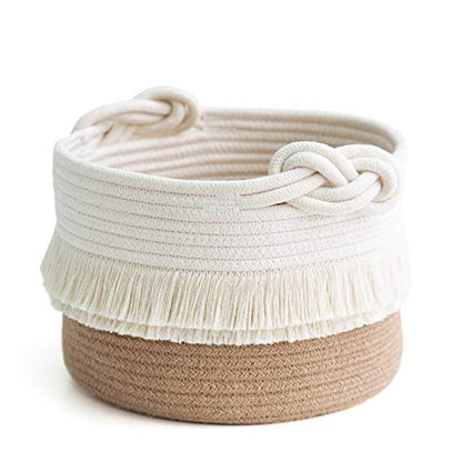 CherryNow Small Woven Rope Baby Basket with Tassel, 9.5" x 7", Jute - color: White & Camel, size: 10L (9.5"W x 7"H)