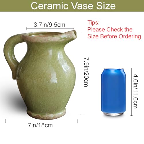8 Inch Vintage Pitcher Vase, Rustic Green Ceramic Vases Flower Vase Farmhouse Decorative Pitchers for Home Decor, Terracotta Vases for Home Table Centerpiece Living Room Chinoiserie Decor - color: Vase-02