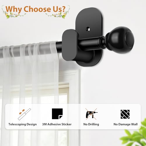 USFOOK Black Curtain Rods No Drilling for Windows 48 to 84, Round Finials - color: Black, size: 32-86"