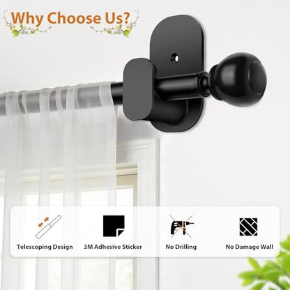 USFOOK Black Curtain Rods No Drilling for Windows 48 to 84, Round Finials - color: Black, size: 32-86"