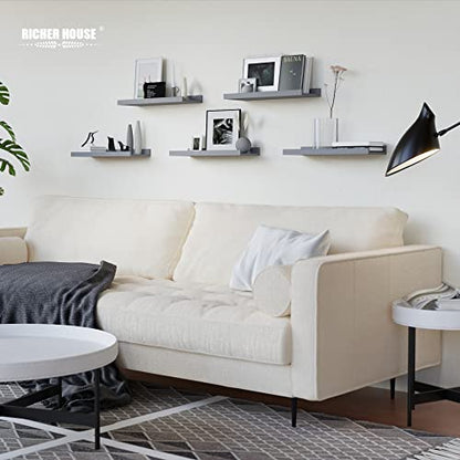 RICHER HOUSE 5-Set Floating Shelves with Lip, Grey Wall Mounted Wood Shelf - color: Grey, size: 16in