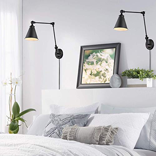 WINGBO Farmhouse Swing Arm Wall Sconce Set of 2, Industrial Adjustable Wall Lamp Light Fixture for Living Room Bedroom Vanity Study Desk Office, Plug in or Hardwired, Black - color: Black