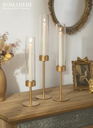 Romadedi Glass Hurricane Candle Holders for Candlestick, Gold, Set of 3 - size: 3 PCS