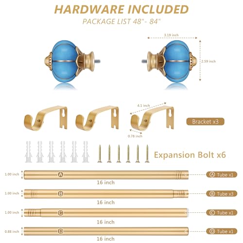 Ceramic Curtain Rods for Windows 48 to 84 Inch 1 Inch Adjustable - color: Gold Blue, size: 48"-84"