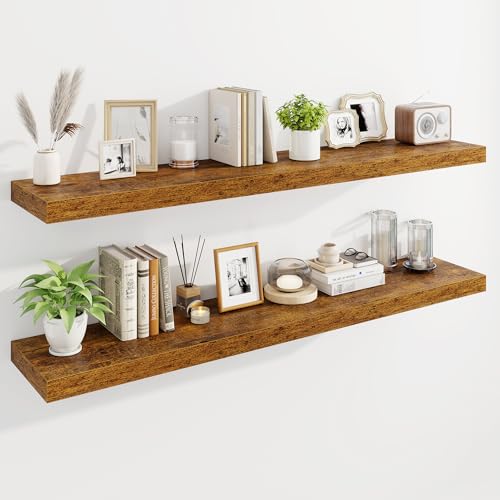 Marsmiles 55" Floating Shelves for Wall, Wooden Shelves with Invisible Brackets Set of 2, Rustic Farmhouse Wall Mounted Shelf for Kitchen Bathroom Living Room Study, Rustic Brown - color: Rustic Brown, size: 55"