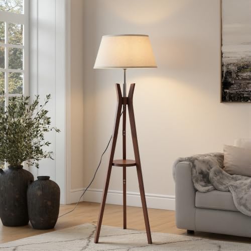 Tripod Floor Lamp with Shelves, 59'' Standing Lamp for Bedroom - color: Walnut